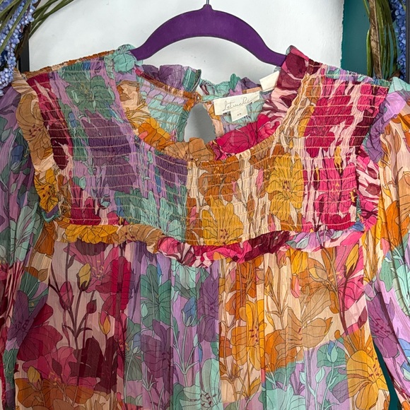 Anthropologie Multicolor Floral Pleated Midi Dress - Pink, Yellow, Purple, Green - Picture 4 of 12